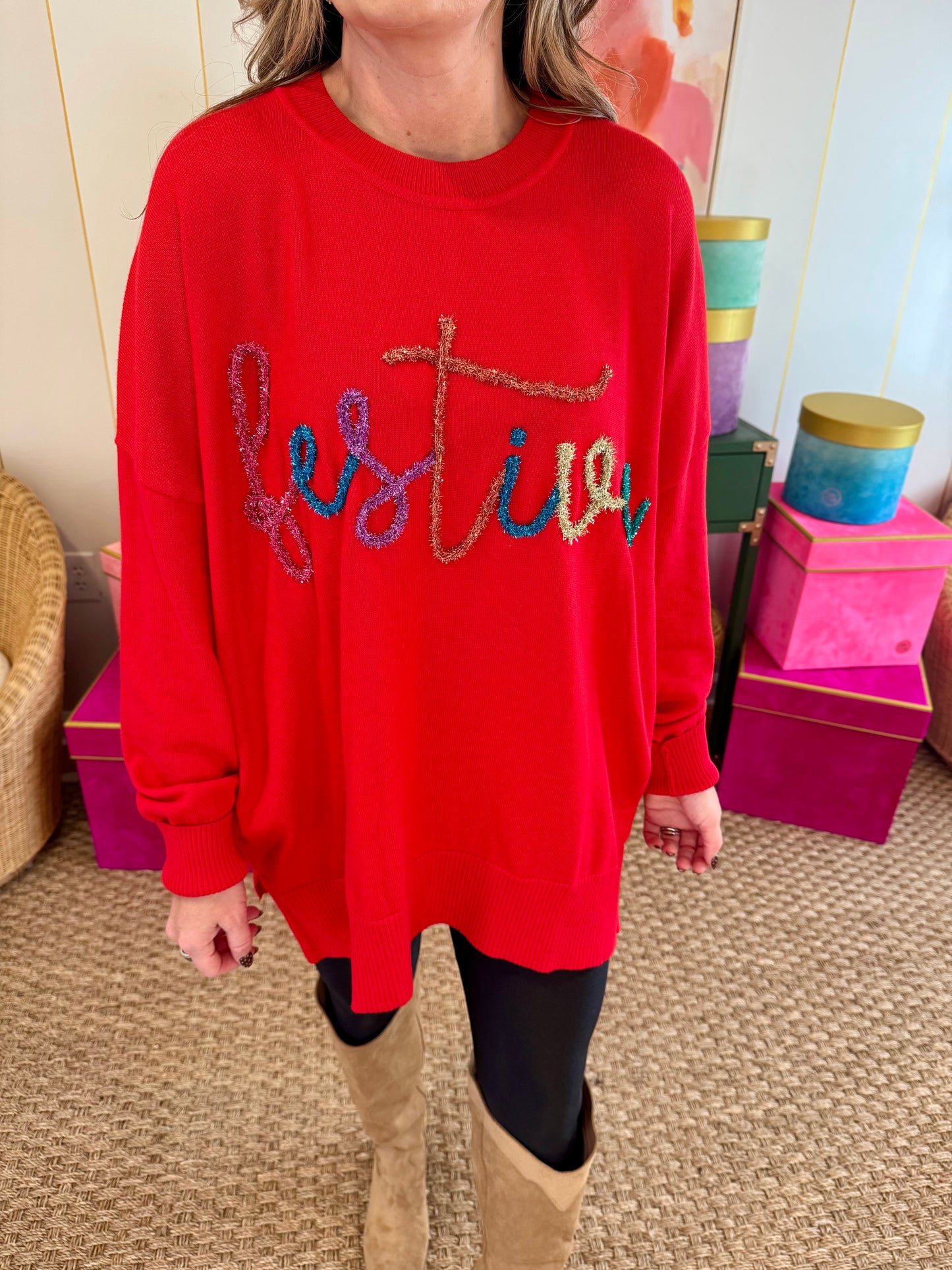 Red "Festive" Tinsel Sweater - Mudpie