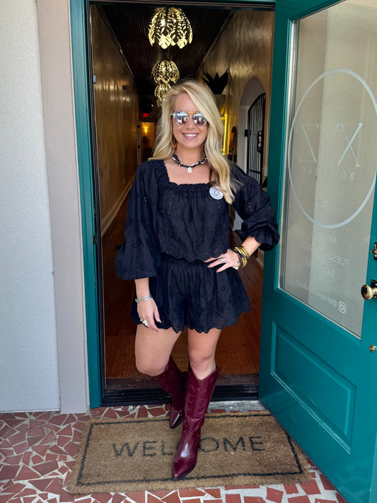 Black Embroidered Scalloped Shorts Set