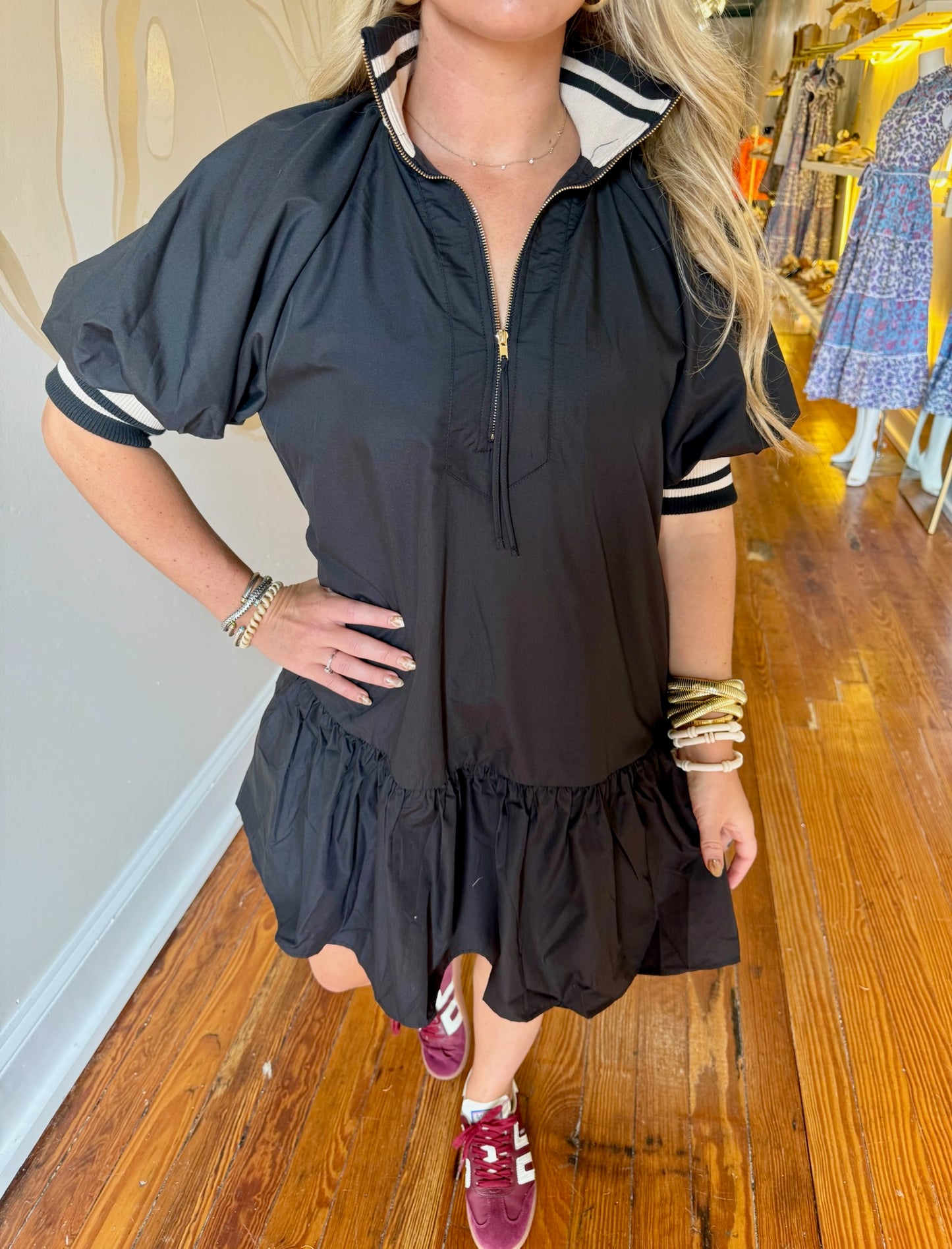 Black and Cream Solid Puff Sleeve Ruffle Hem Dress