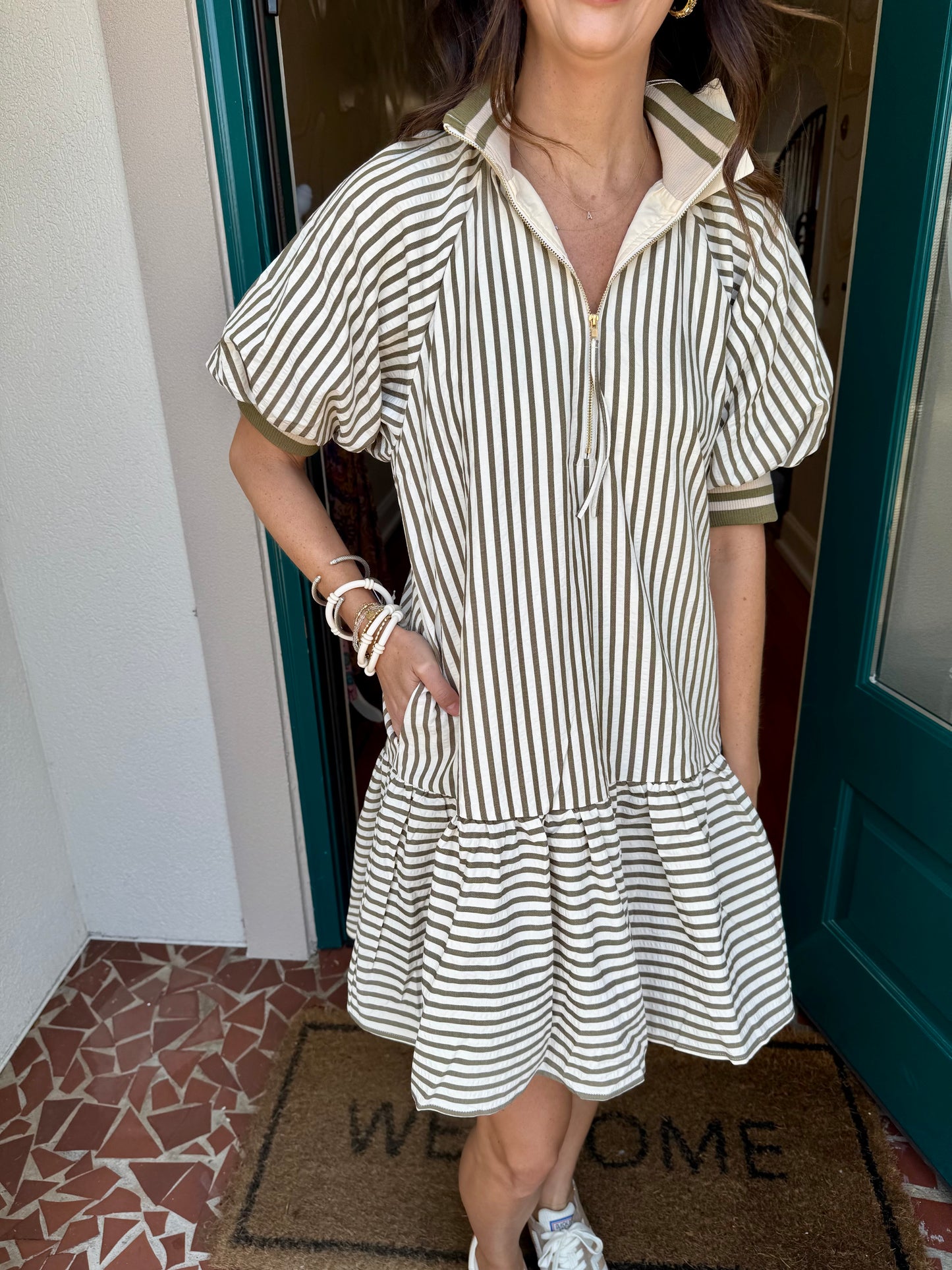Olive Striped Ruffle Hem Zip Front Dress