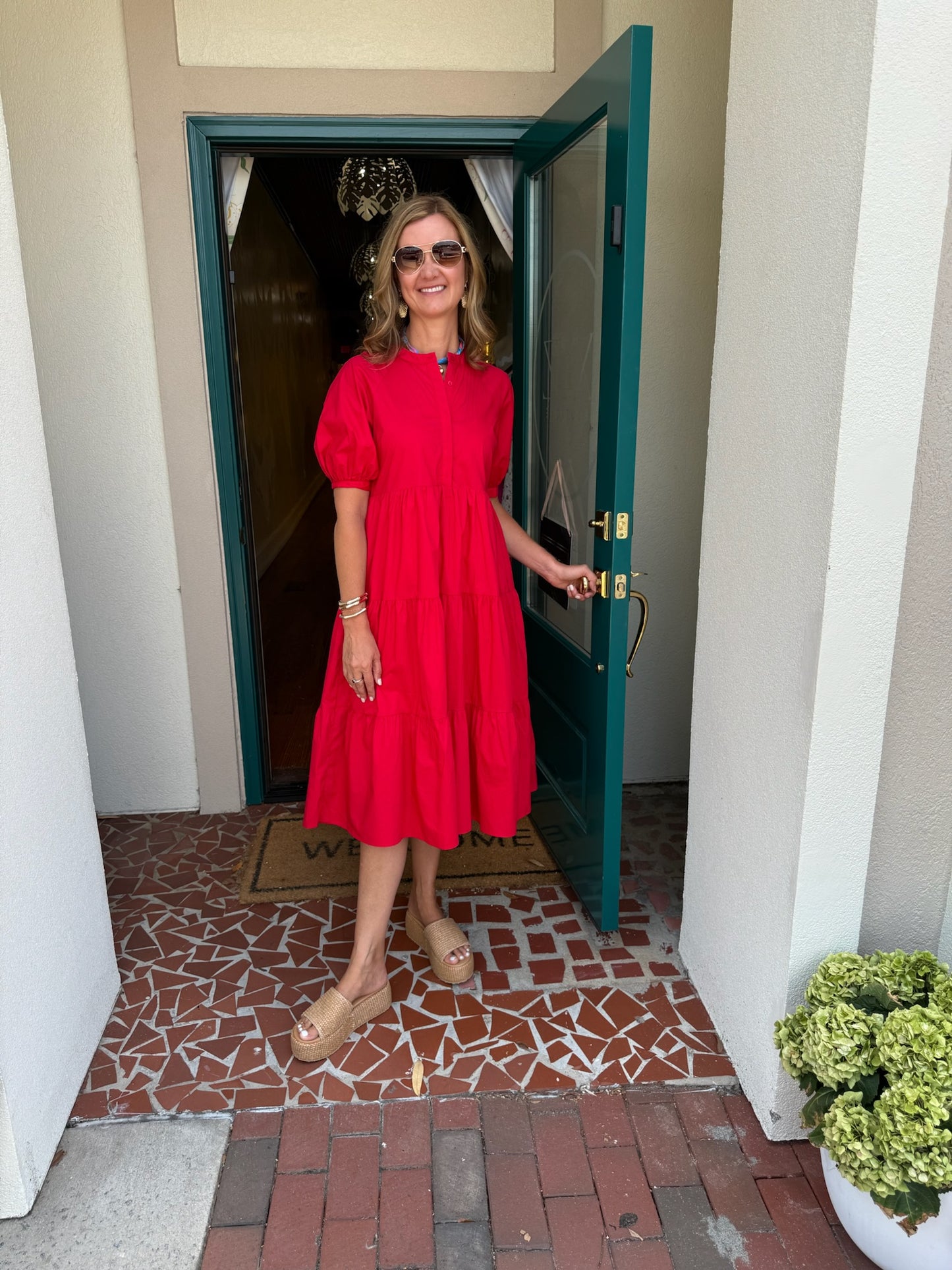 Red Short Puff Sleeve Midi Dress - English Factory