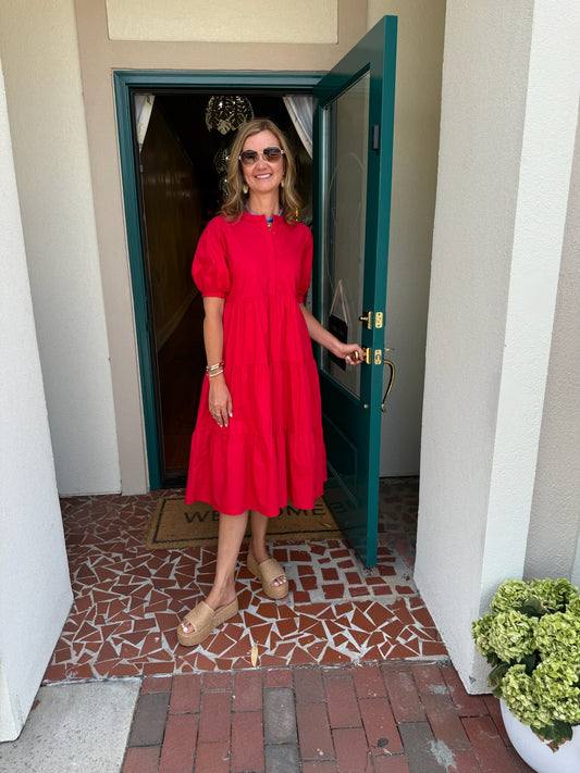 Red Short Puff Sleeve Midi Dress - English Factory