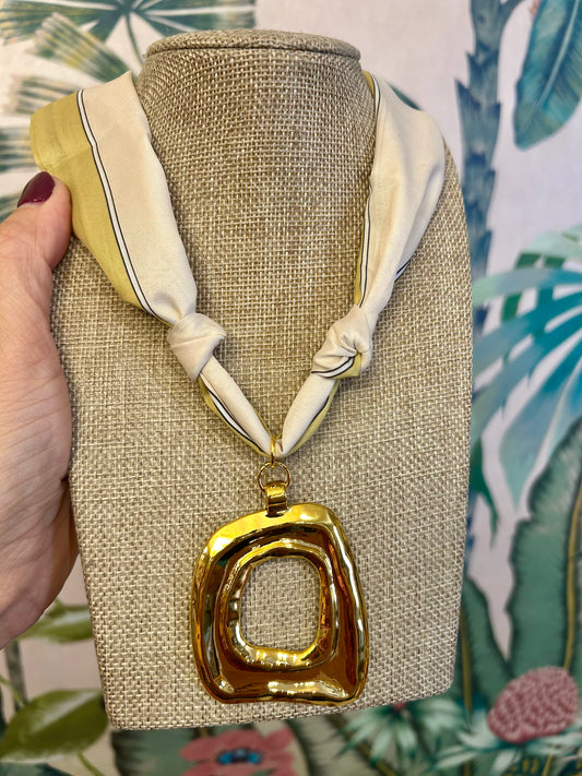 Chartreuse Stripe Gold Square Scarf Necklace