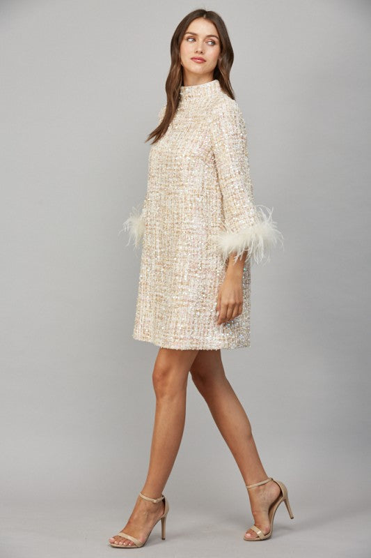 PREORDER 11/30 Feather Trim Sequin Tweed Dress