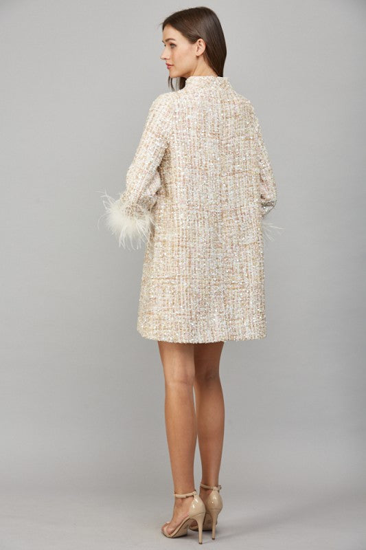 PREORDER 11/30 Feather Trim Sequin Tweed Dress