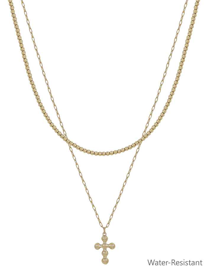 Gold Beaded & Cross Layered Necklace-Water Resistant