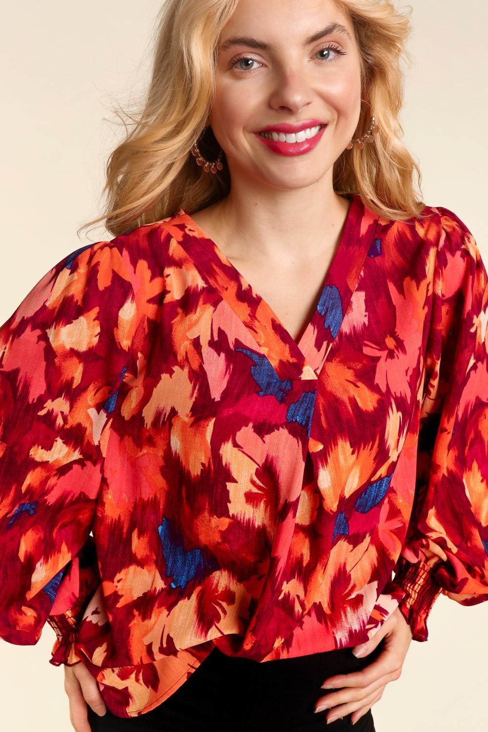 V Neck Smocked Sleeve Floral Top