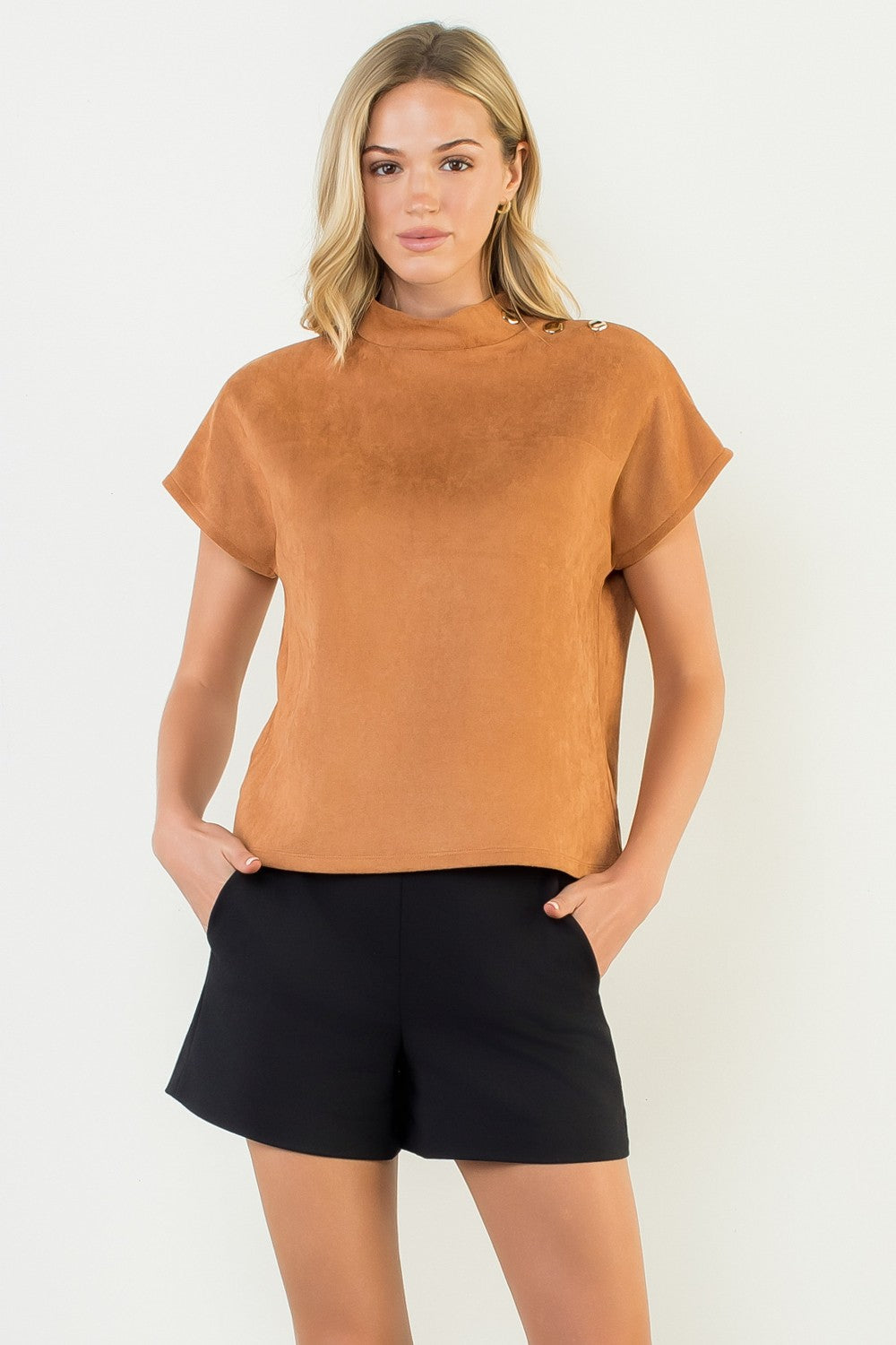 Button Detail Suede Short Sleeve Top