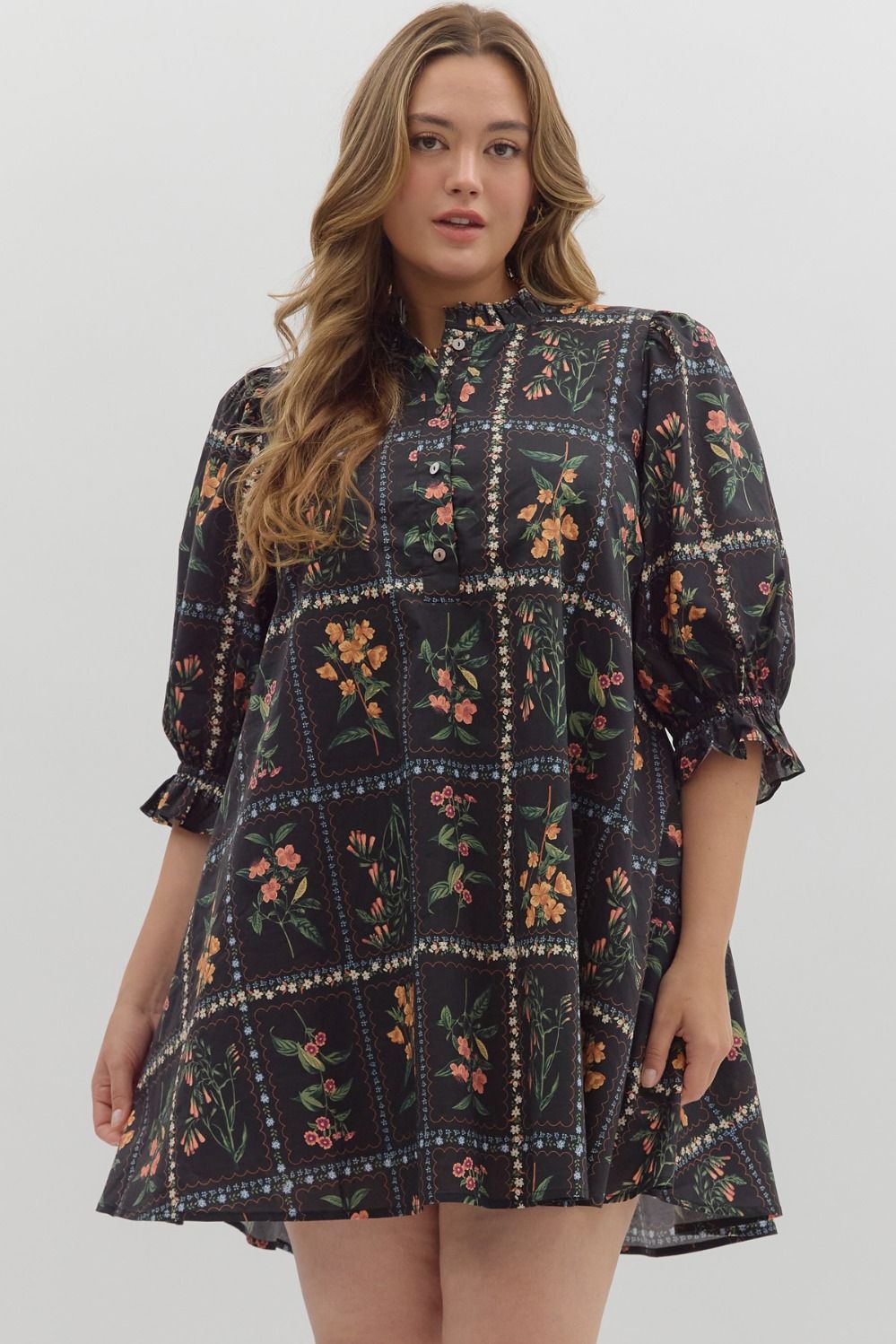 Black Floral Panel ¾ Ruffle Puff Sleeve