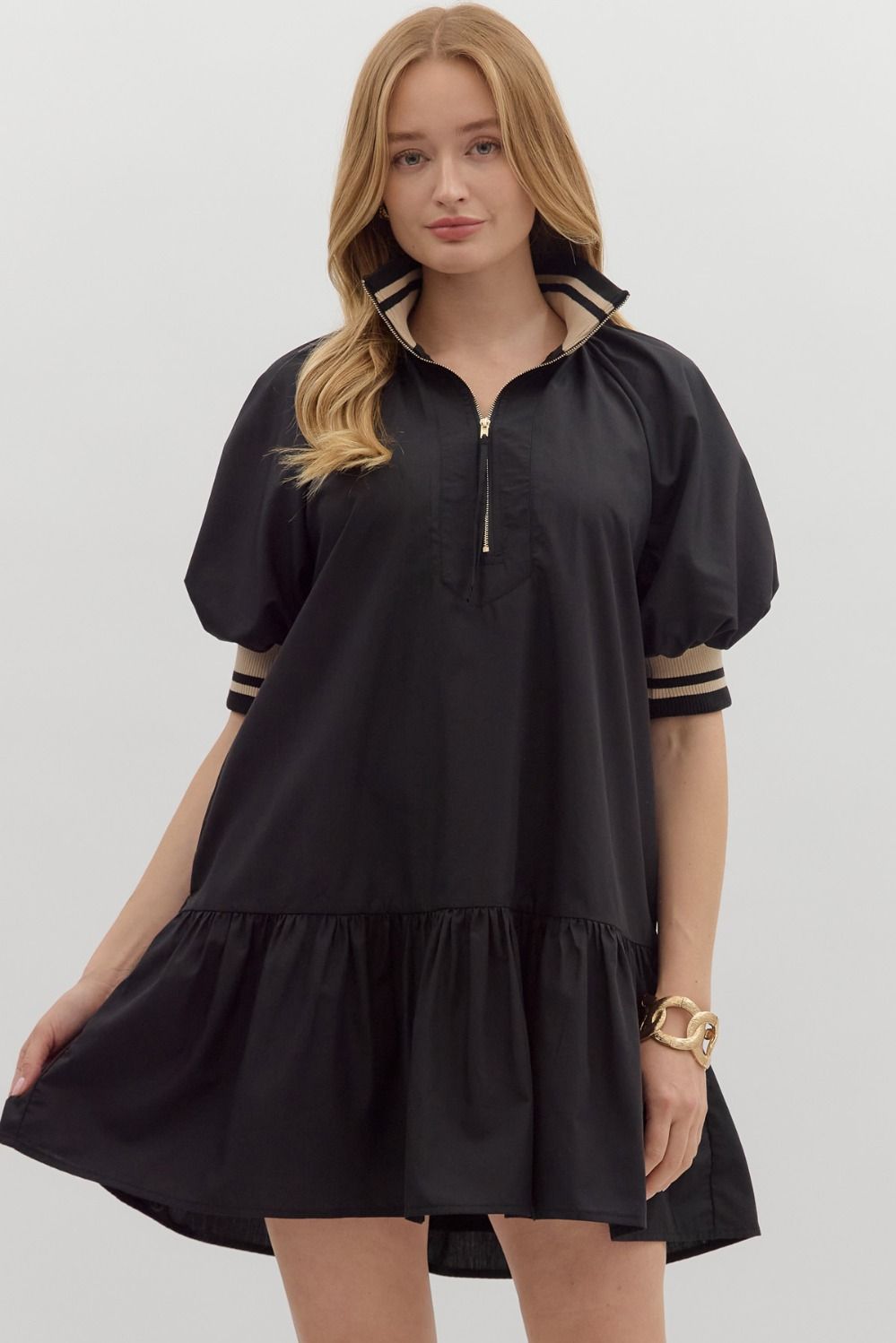 Black and Cream Solid Puff Sleeve Ruffle Hem Dress
