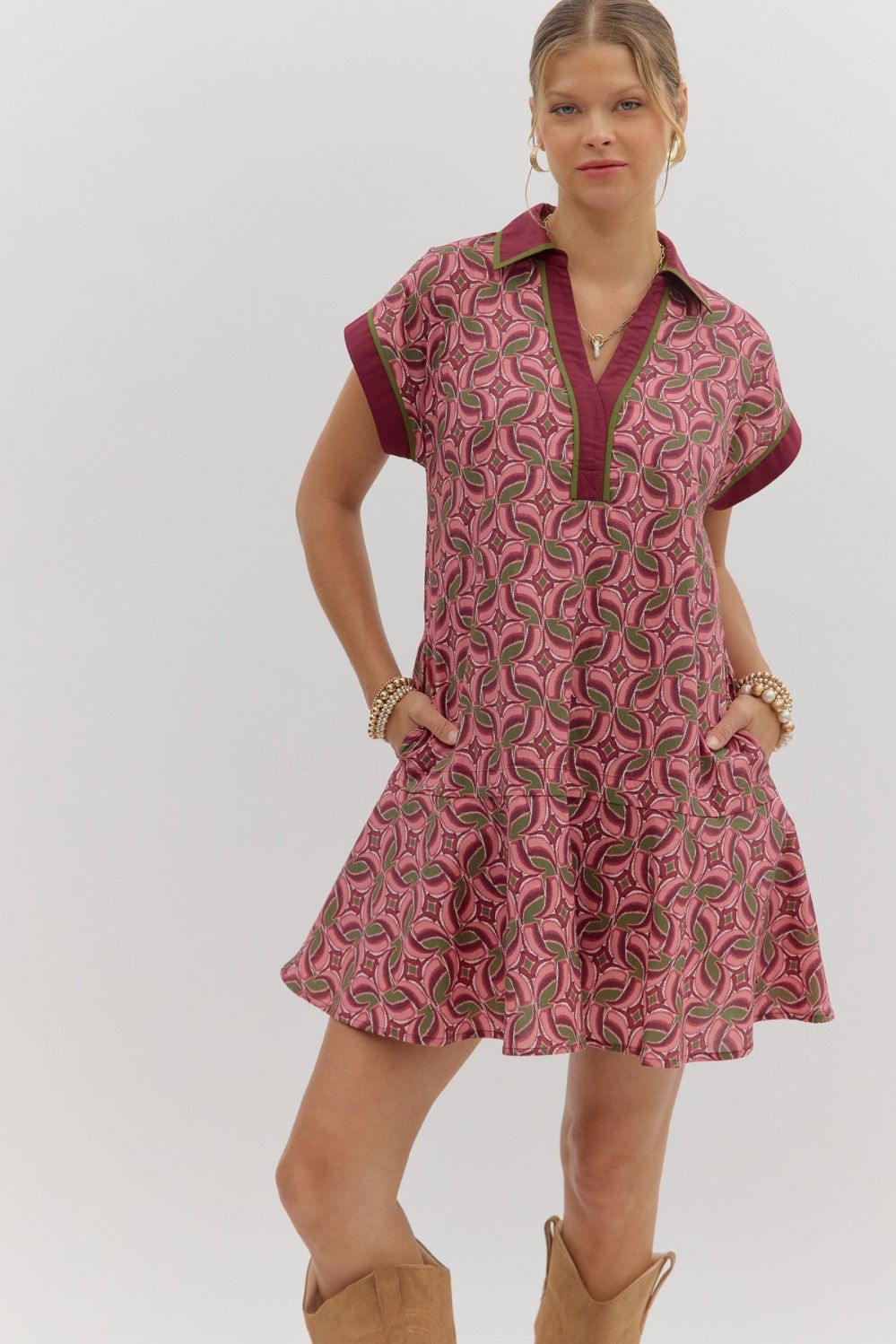 Pink Abstract Patter Flounce Ruffle Dress