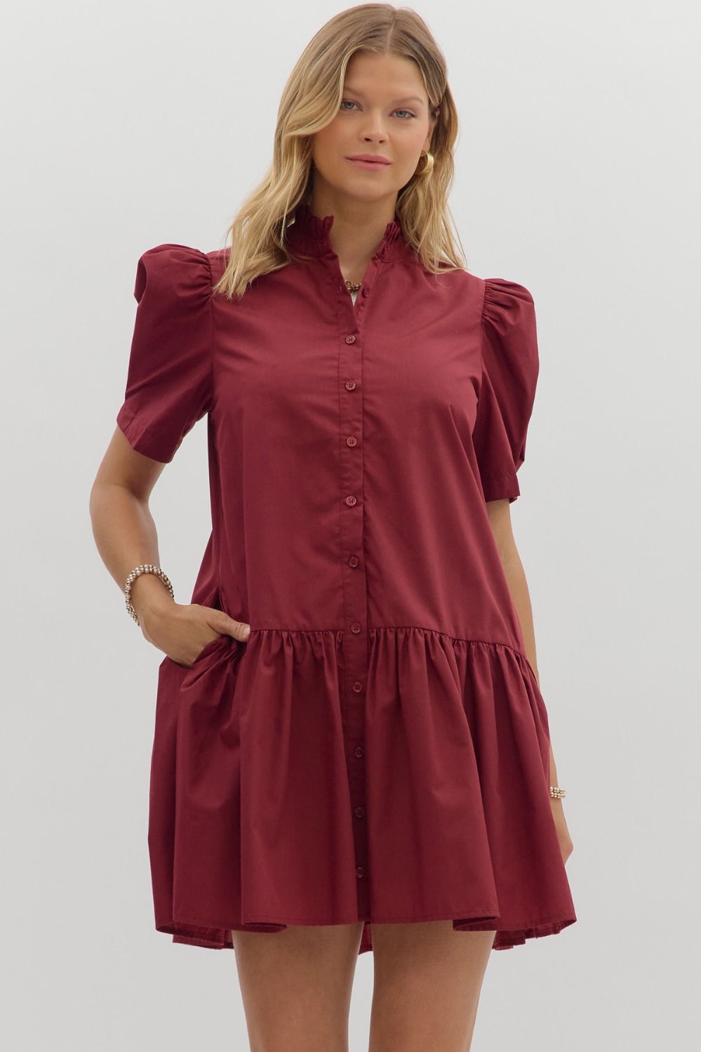 Garnet Pleated Shoulder Puff Sleeve Ruffle Hem