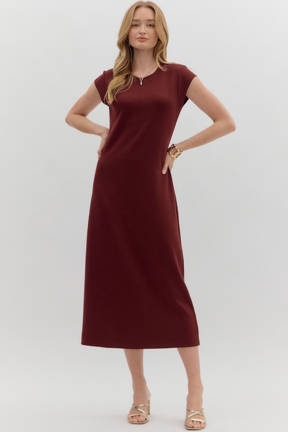 Burgundy Solid Cap Sleeve Pullover Midi Dress