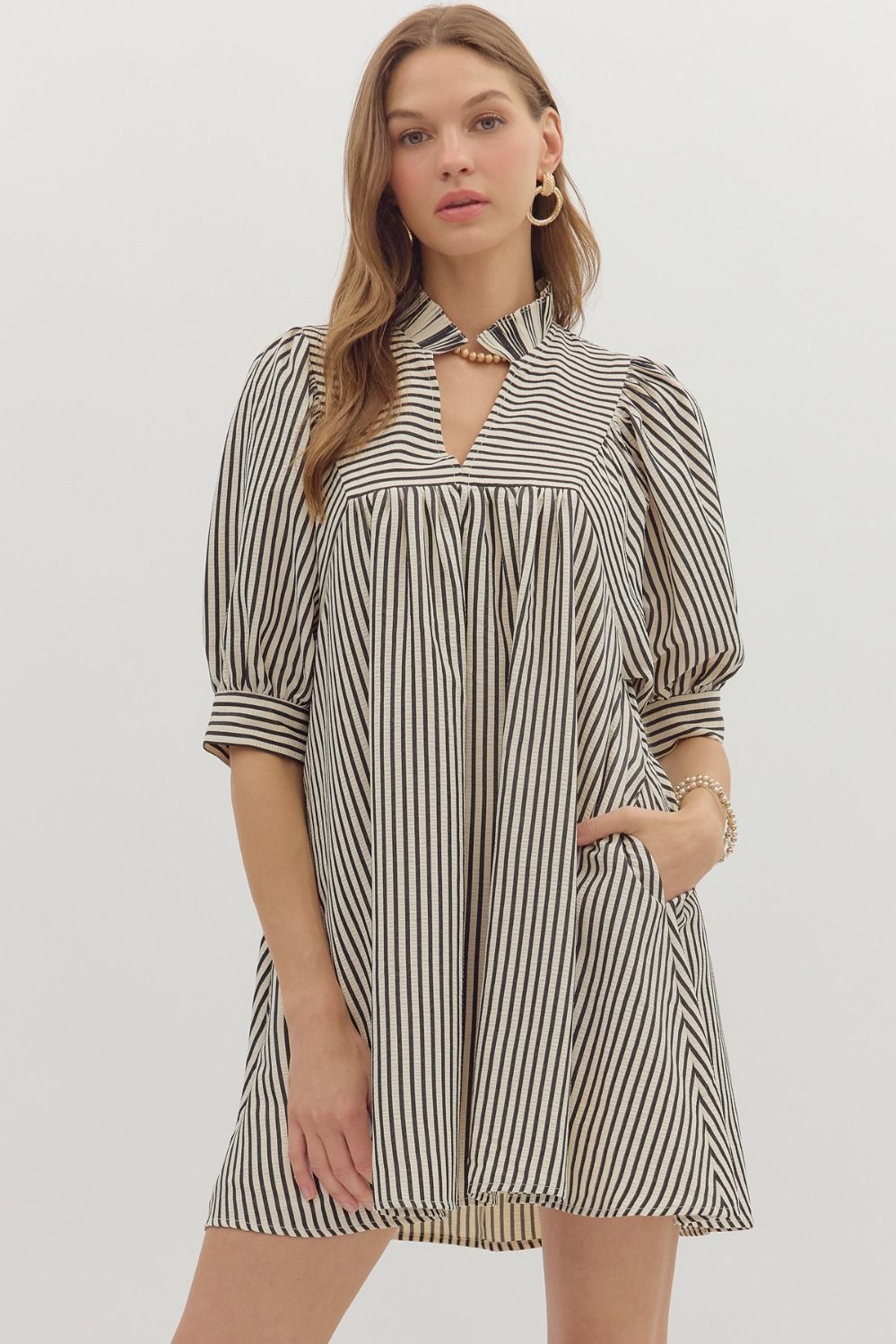 Black Striped Quarter Puff Sleeve Dress