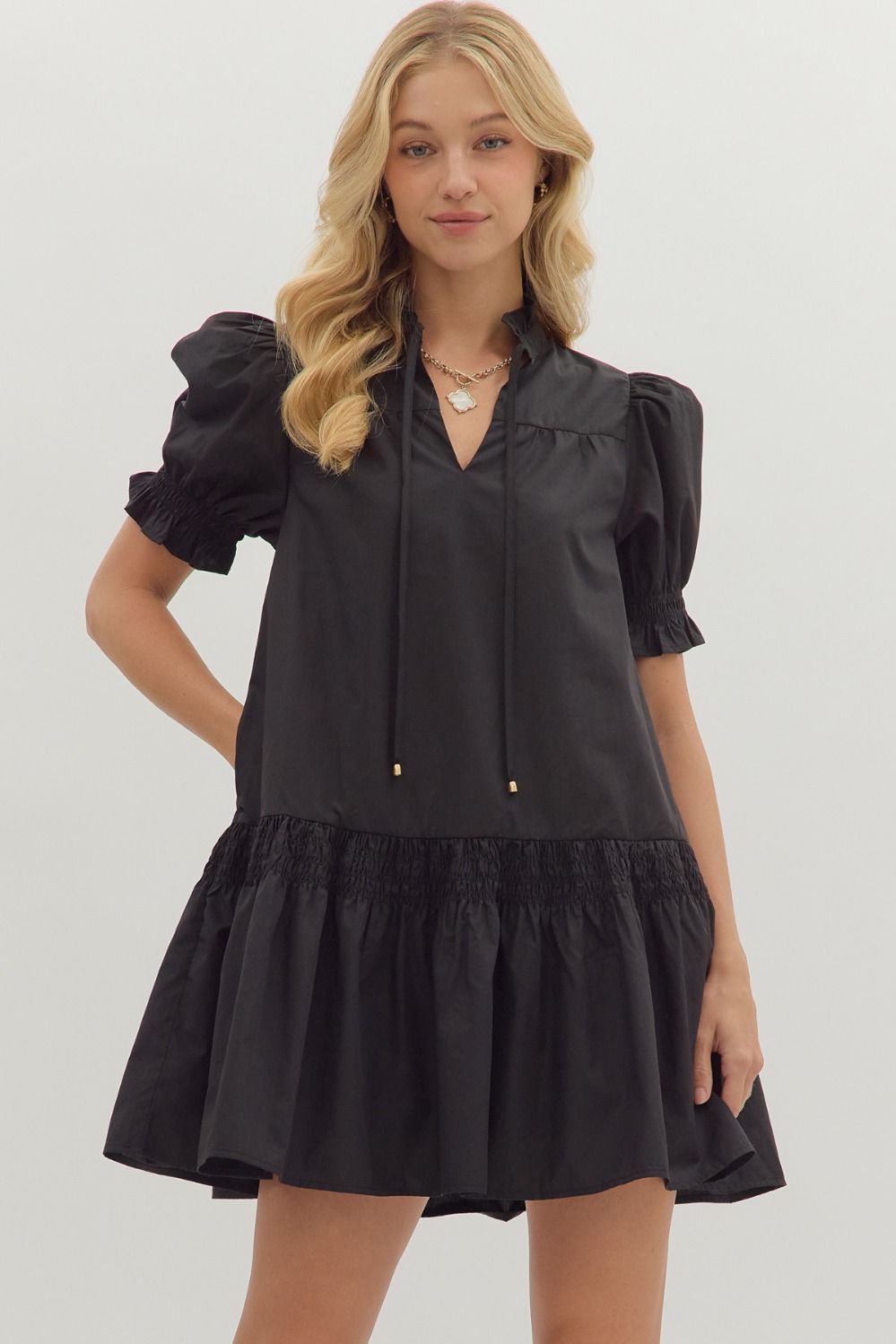 Black Solid Dress With Self-tie Detail