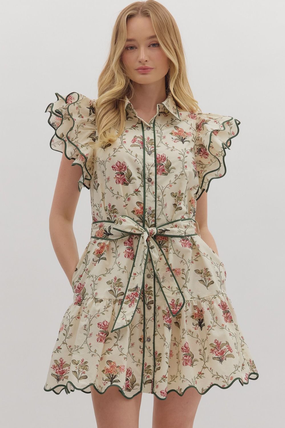 Cream and Green Floral Print Tiered Flutter Sleeve