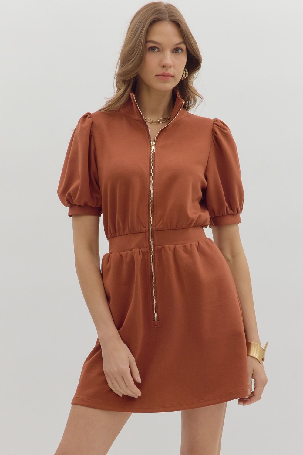 Solid Short Puff Sleeve Zip-Front Pullover Dress