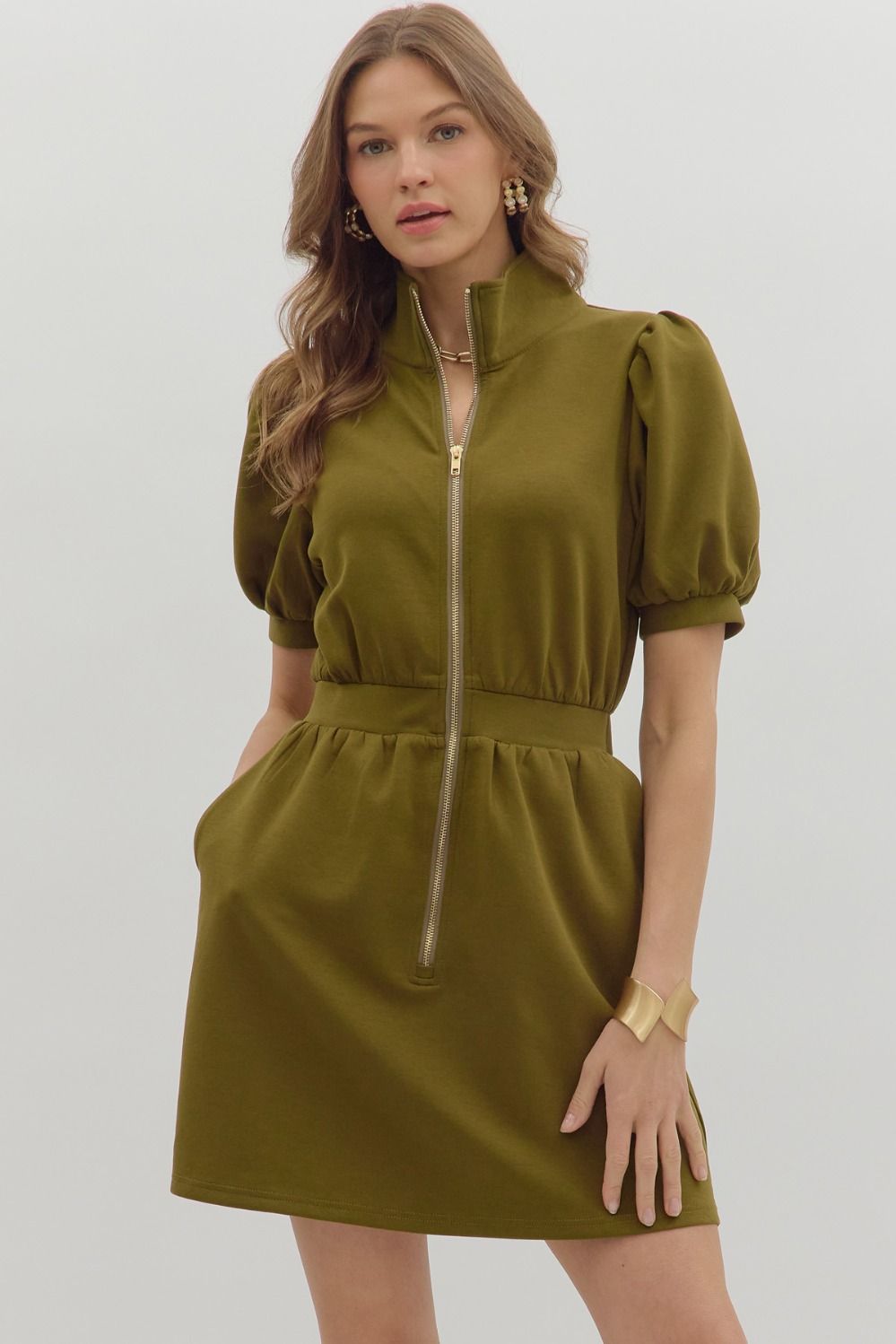 Solid Short Puff Sleeve Zip-Front Pullover Dress