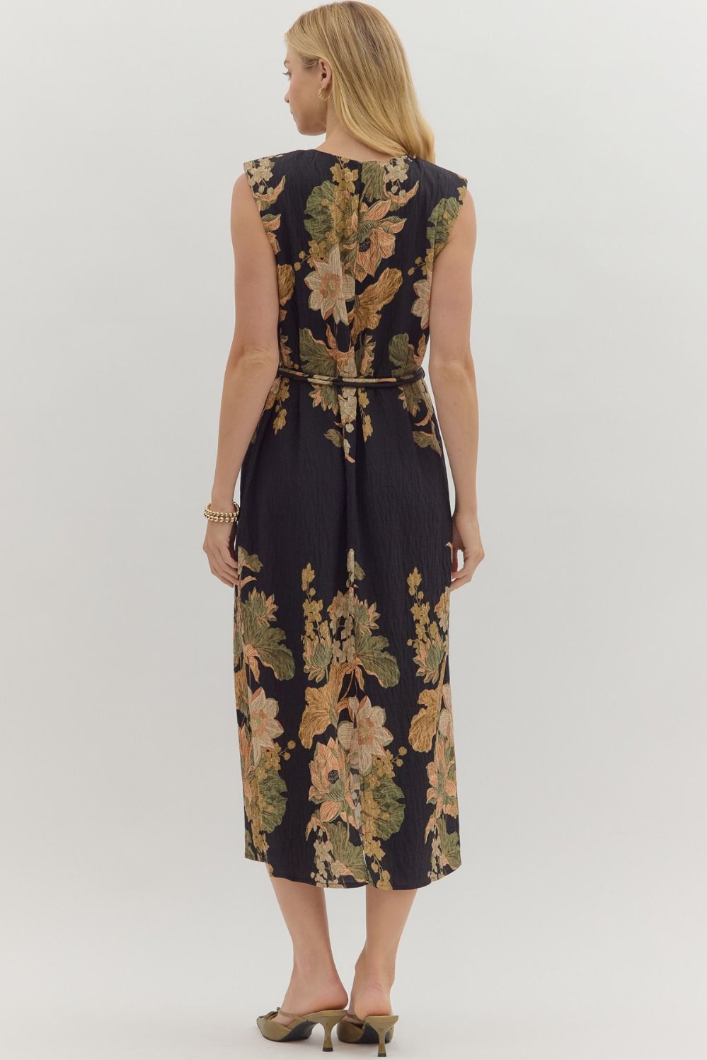 Black Floral Metal Tip Belt Dress