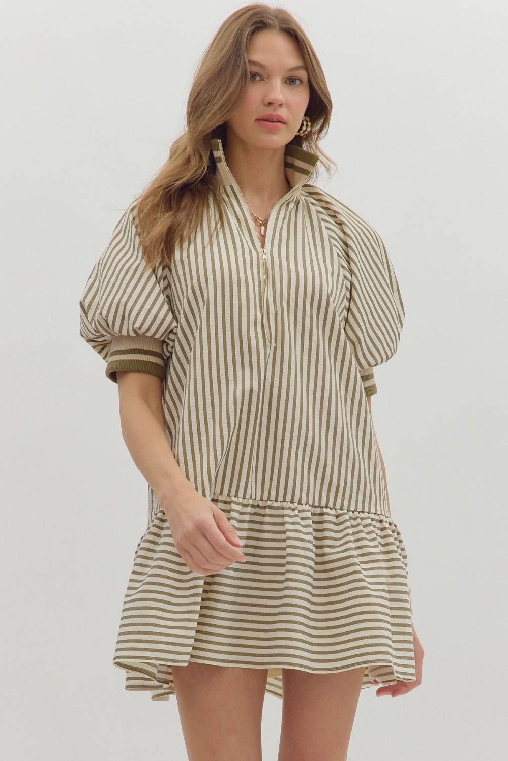 Olive Striped Ruffle Hem Zip Front Dress