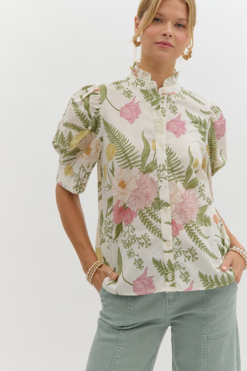 Cream Floral Ruffle Neck Top
