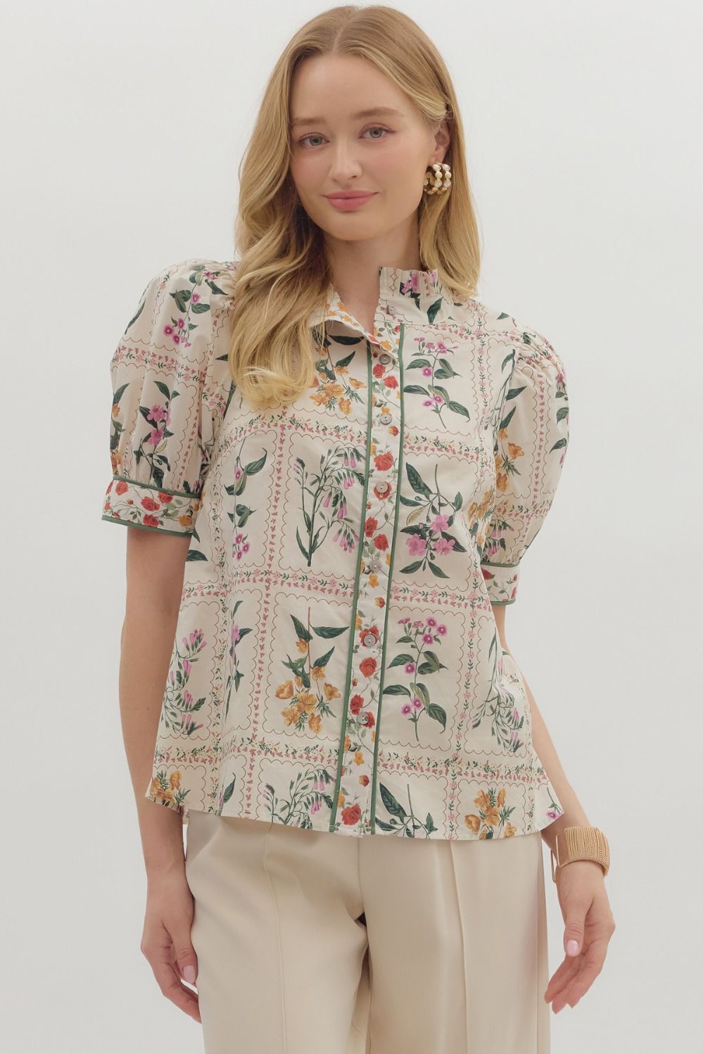 Floral Print Ruffle Neck Band Collar Top