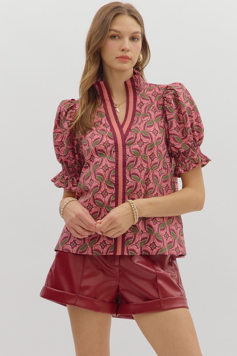 Abstract Pattern Puff Sleeve Top
