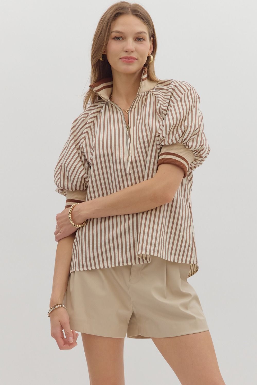 Stripe Half Zip Accent Band Top