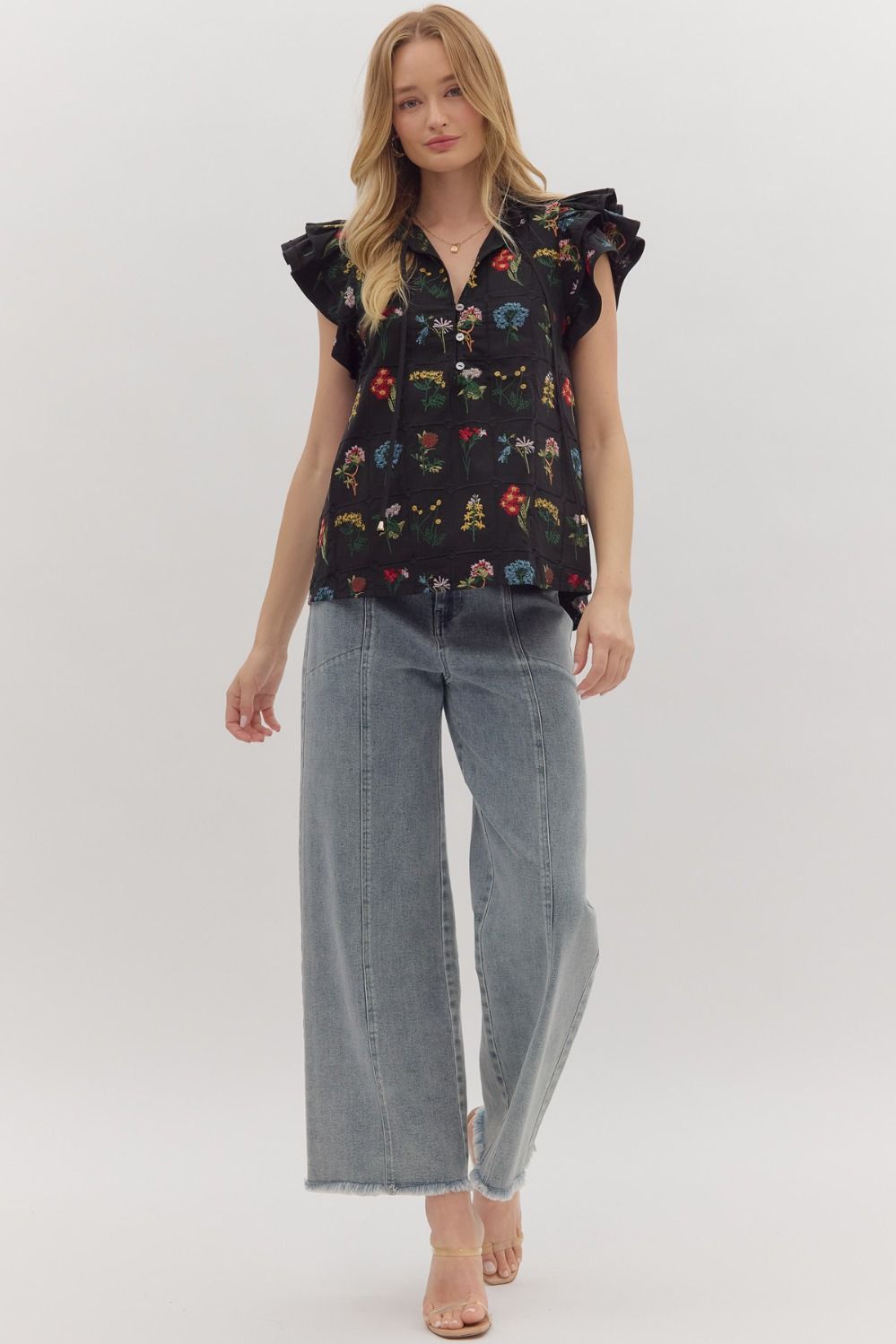 Black Floral Embroidered Flutter Sleeve Top