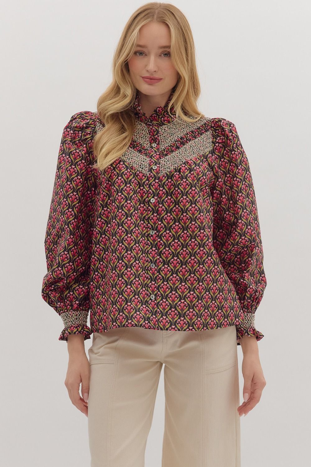 Black Floral Smocked Yoke Top