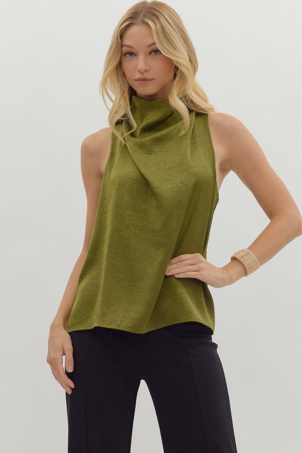 Sleeveless Mock Neck Draped Top
