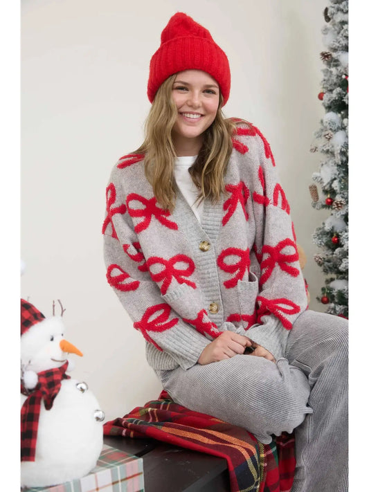 Red Bow Button Front Cardigan