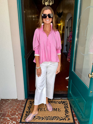 Pink Stripe Mock Neck Band Puff Sleeve Blouse