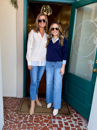 Layered Look V-neck Mixed Media Sweater