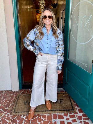 Blue Floral Accent Sleeves Top