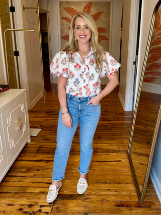 Ruffle Detail Floral Print Eyelet Top