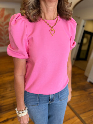 Crew Neck Short Puff Sleeves Knit Top - Saturday Steal