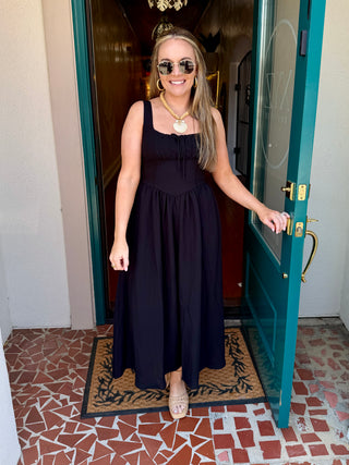 Square Neck Front Tie Corset Detail Midi Dress