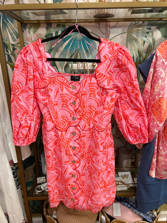 Scalloped Detail Pink Tropical Dress