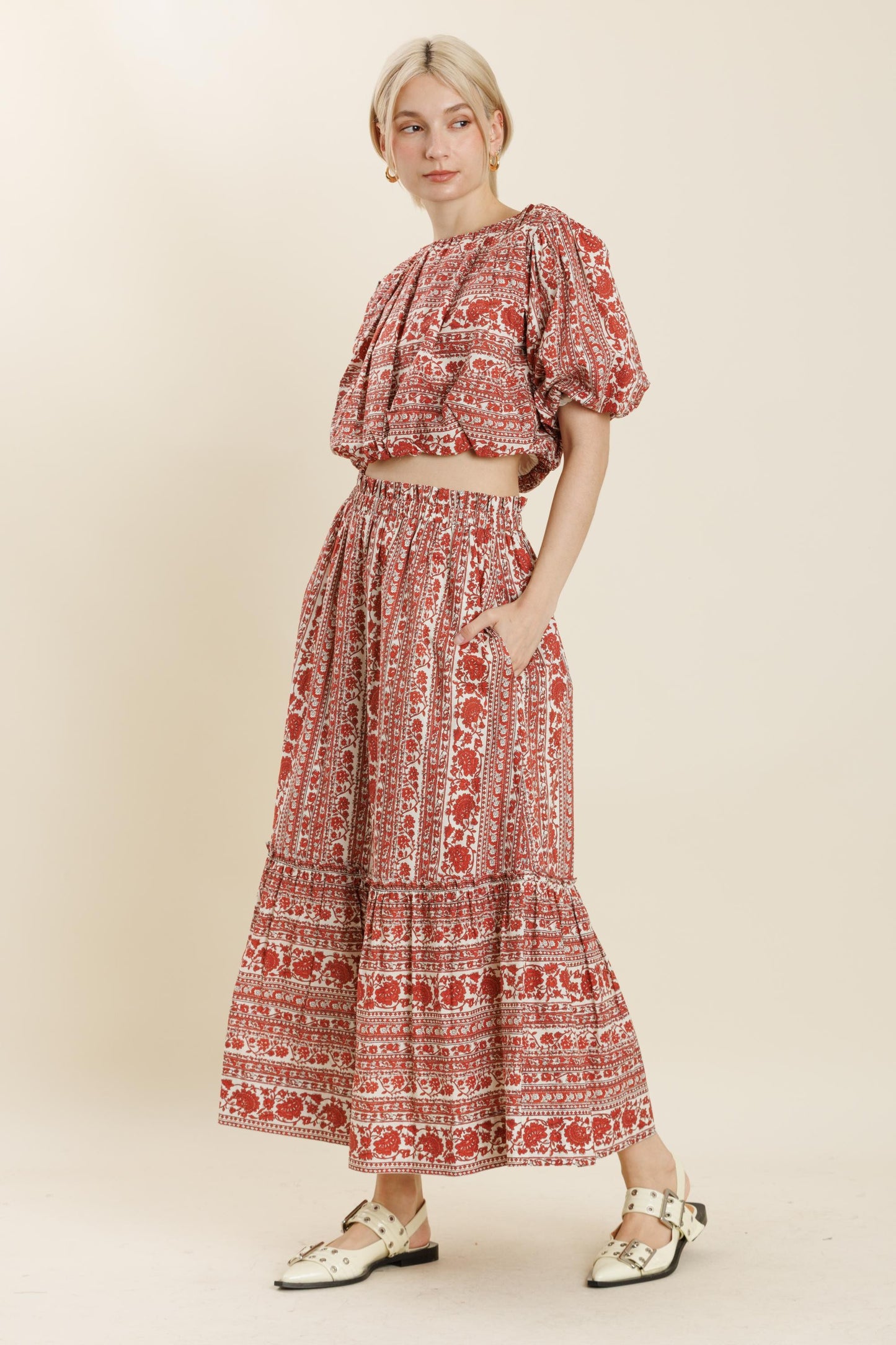 Block Print Floral Midi Skirt Set