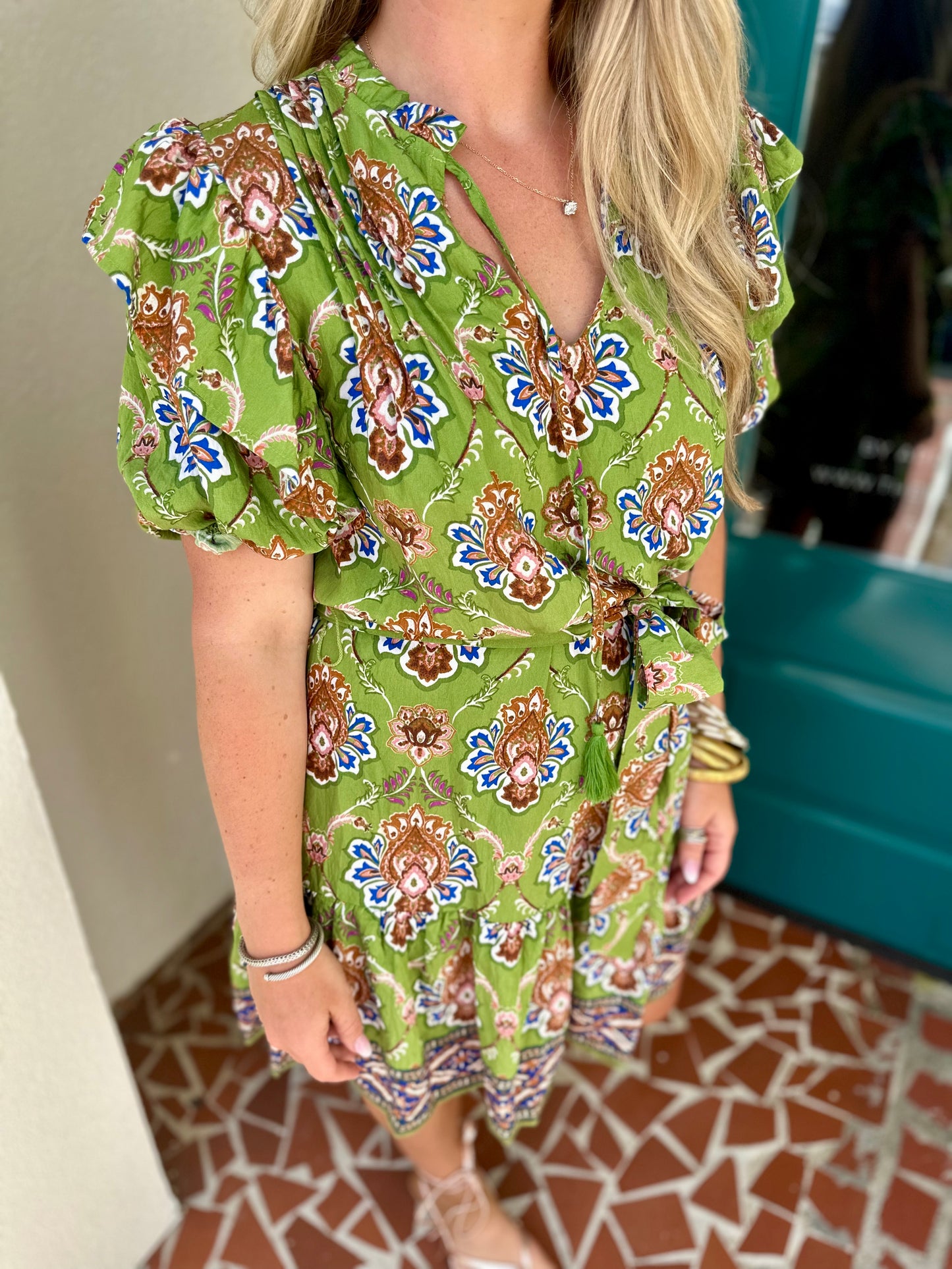 Green Printed Woven Ruffle Dress