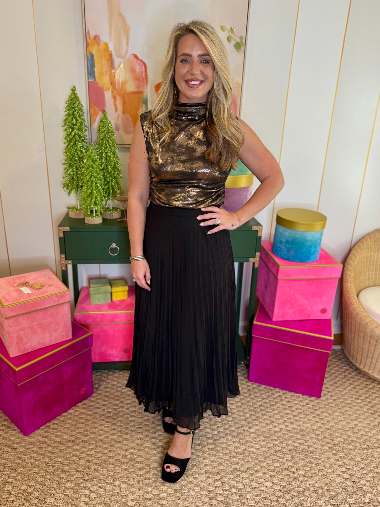 Metallic Mock Neck Sleeveless Top