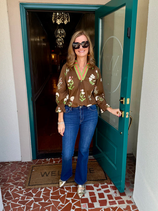 Brown Floral Contrast Trim Blouse