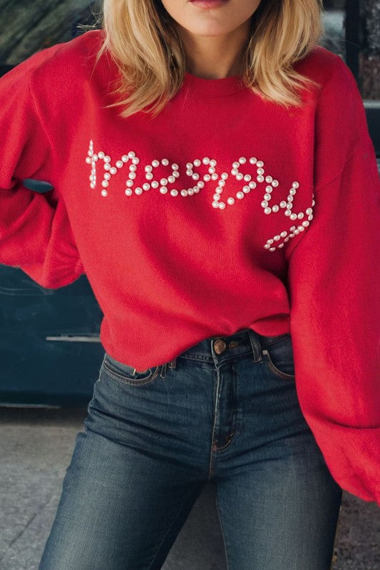 Pearl Embellished Merry Sweater