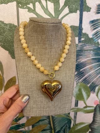 Gold Puffy Heart Beaded Necklace