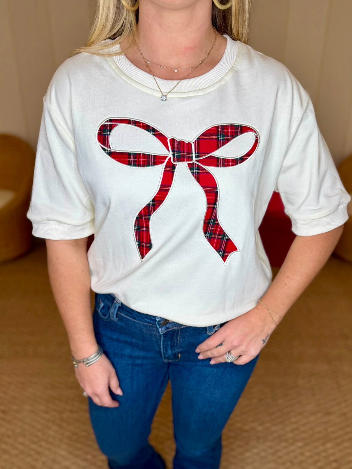 Short Sleeve Round Neck Plaid Bow Top