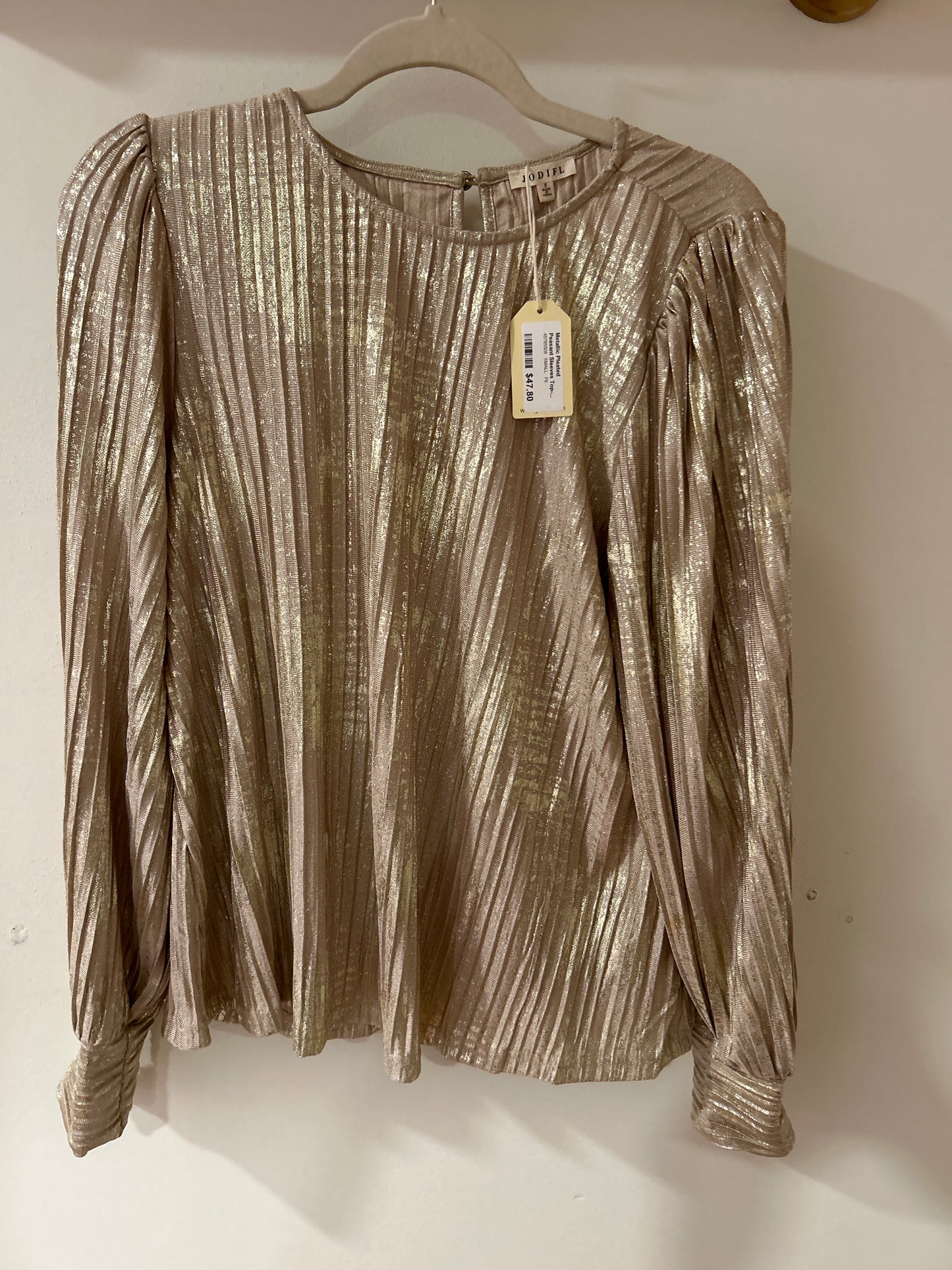 Metallic Pleated Peasant Sleeves Top-Gold