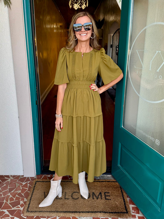 Olive Short Sleeve Tiered Maxi Dress