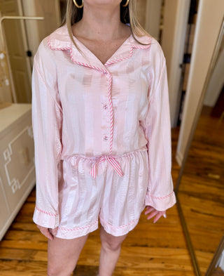 Pink Satin Stripe Pajama Shorts Set