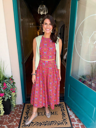 Floral Print Round Neckline Top & Skirt Set